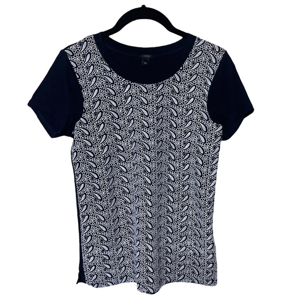 J.Crew Short Sleeve Paisley Crochet Front Knit Tee White Navy Size XXS